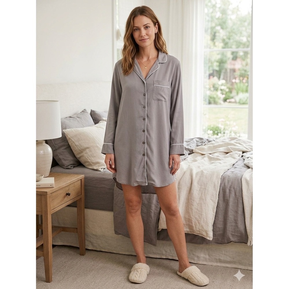 Ettitude CleanBamboo Charcoal Sleep Shirt Gray Button Down Nightshirt Large